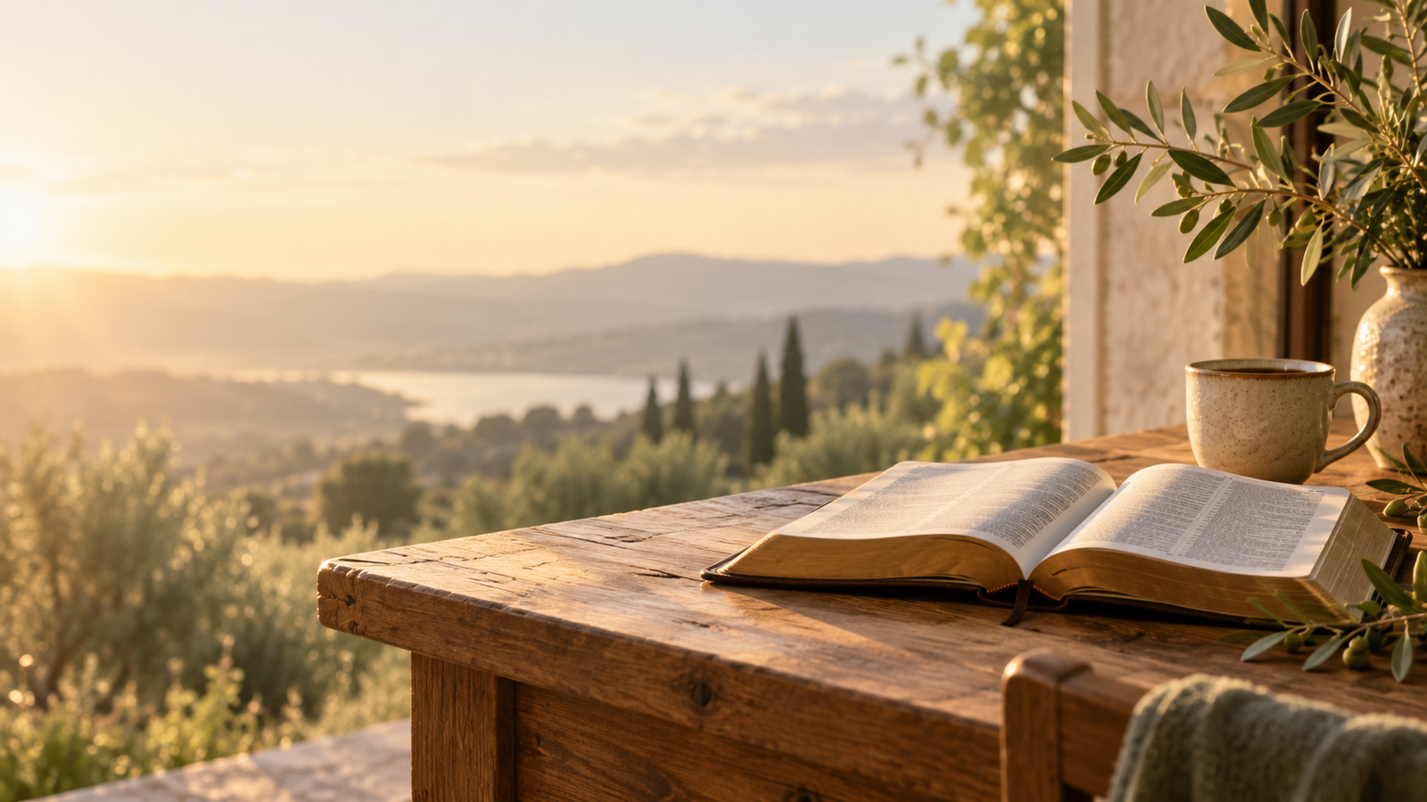 An open Bible and a ceramic cup on a wooden table overlooking a lake and hills in warm morning light.