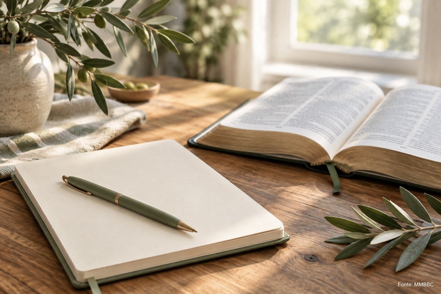 Cream journal and pen beside an open Bible and olive branches in morning light.