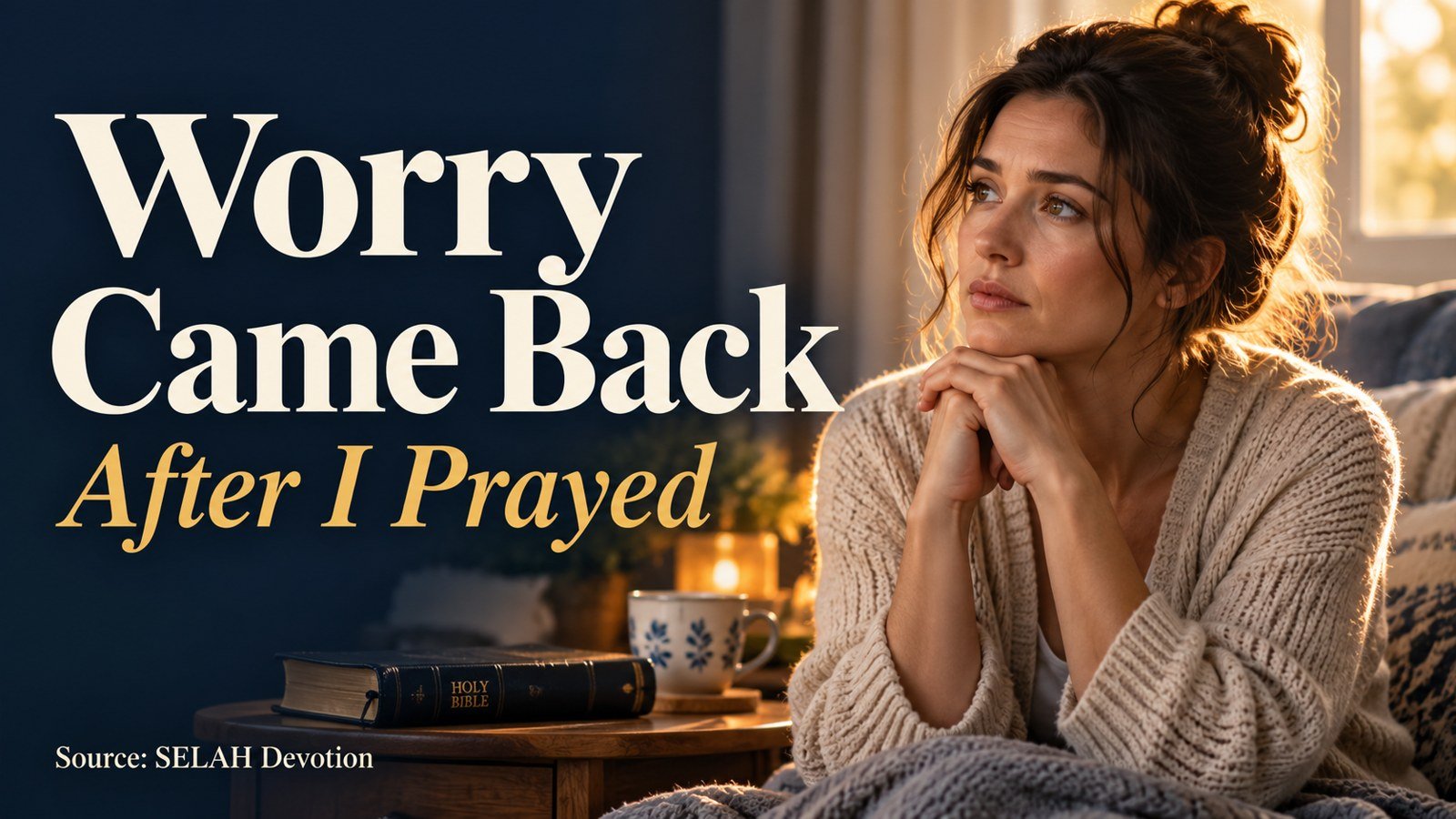 Thoughtful woman sits beside a Bible in warm morning light; ivory and gold text on navy reads Worry Came Back — After I Prayed.