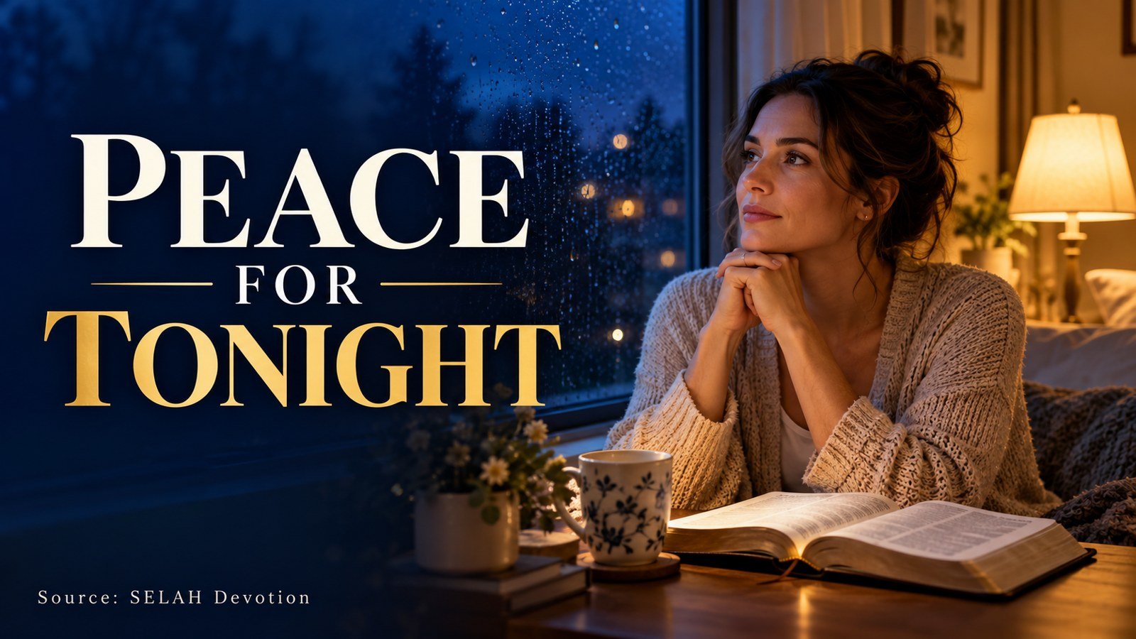 Woman sits beside a softly lit bedroom window at night with an open Bible and warm lamp; navy and gold cover text reads Peace for Tonight.