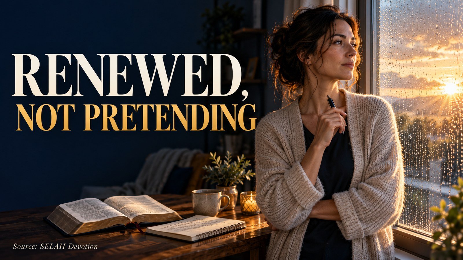 Thoughtful woman stands by a rain-streaked window as warm light reaches her open journal and Bible; navy and gold cover text reads Renewed, Not Pretending.